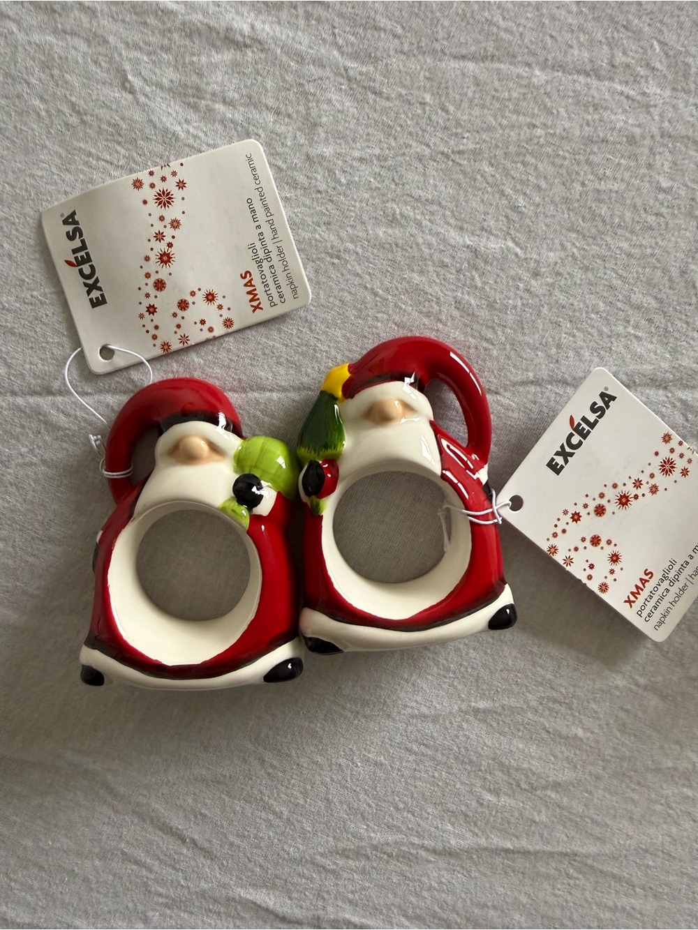 Excelsa Santa Christmas Ceramic Napkin Rings Set of 2 NWT